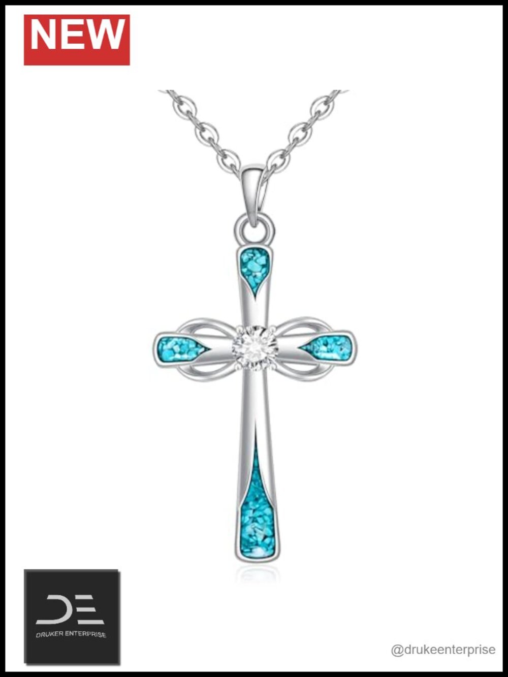 925 Sterling Silver Turquoise Cross Pendant Necklace Adjustable 18-20"